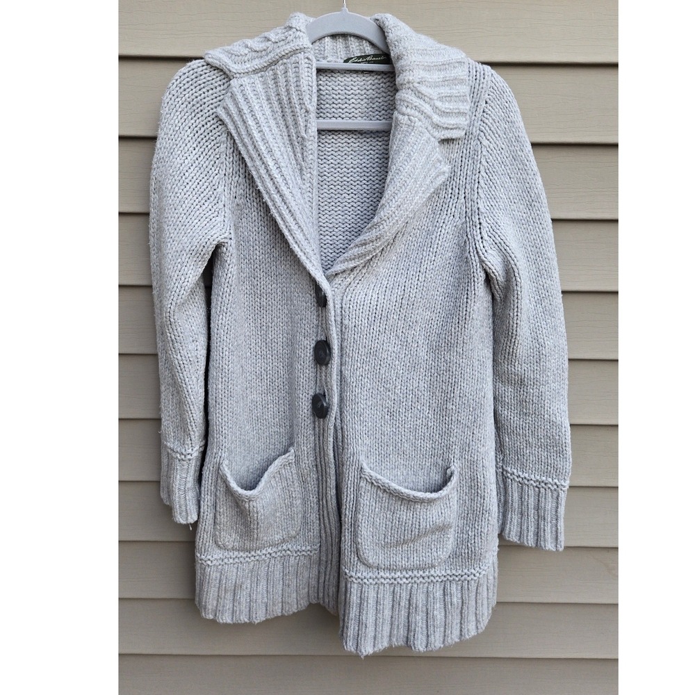Eddie Bauer Womens Gray Wool Alpaca Blend Chunky Knit Shawl Cardigan Sweater M